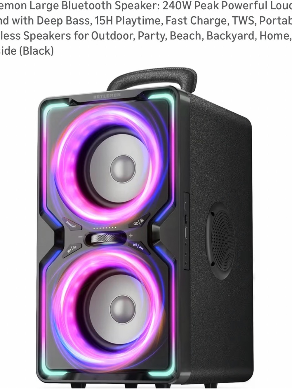 Lemon Black Portable Bluetooth Speaker with RGB Light Rings